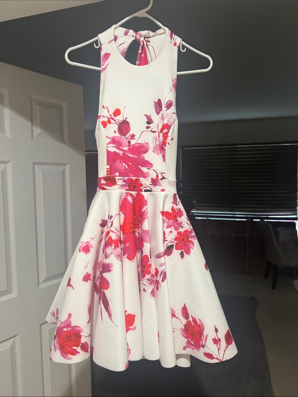 Club L London White Halter Dress with Pink & Red Floral Print